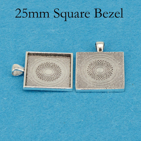 25mm Square Pendant Tray, 1 inch Square Bezel Pendant Blank, Cameo Setting Cabochon Base for Custom Jewelry Making