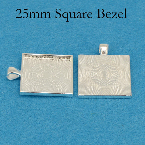 25mm Square Pendant Tray, 1 inch Square Bezel Pendant Blank, Cameo Setting Cabochon Base for Custom Jewelry Making