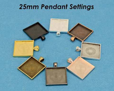 25mm Square Pendant Tray, 1 inch Square Bezel Pendant Blank, Cameo Setting Cabochon Base for Custom Jewelry Making