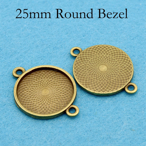 25mm Round Bezel Connector with 2 Loops, Dual Loop Pendant Tray Cabochon Setting, Connector Bezel Pendant Blank for Jewelry Making