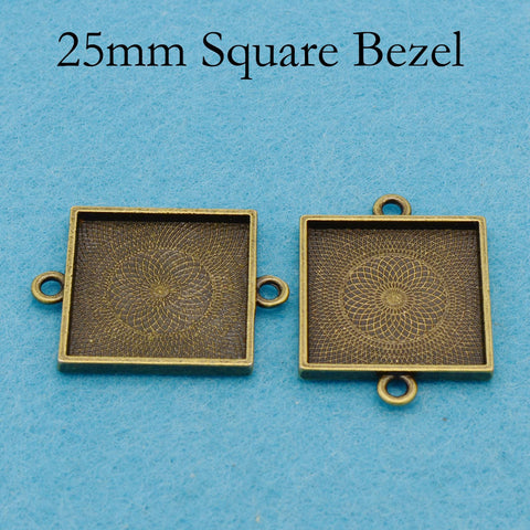 25mm Square Bezel Connector with 2 Loops, Double Loop Pendant Tray Cabochon Setting, Connector Bezel Pendant Blank for Jewelry Making