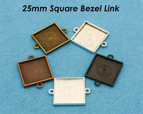 25mm Square Bezel Connector with 2 Loops, Double Loop Pendant Tray Cabochon Setting, Connector Bezel Pendant Blank for Jewelry Making