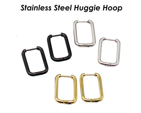 Rectangle Huggie Hoop Earrings Gold Silver Black, Surgical Steel Huggie Earring Hoops Stainless Steel Hoop Earring Hooks for Women Men