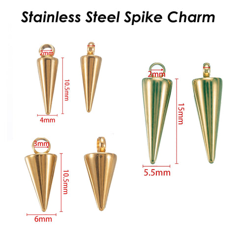 10 x Spike Charms Gold Silver, Stainless Steel Charms, Spike Cone Charms, Spike Pendants for Jewelry Making, Jewelry Supplies