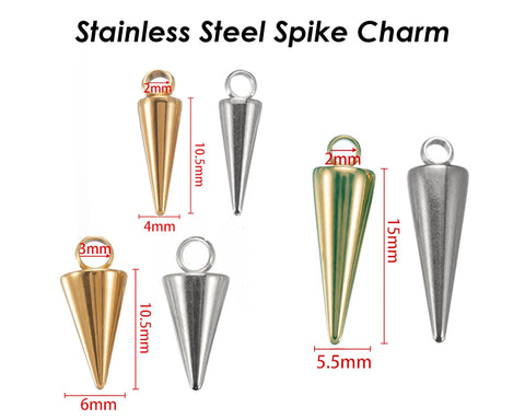 10 x Spike Charms Gold Silver, Stainless Steel Charms, Spike Cone Charms, Spike Pendants for Jewelry Making, Jewelry Supplies