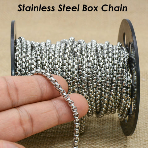 10 Feet x Round Box Chain Gold Silver Black, Stainless Steel Box Chain for Men Women, Stainless Steel Chain for Jewelry Making