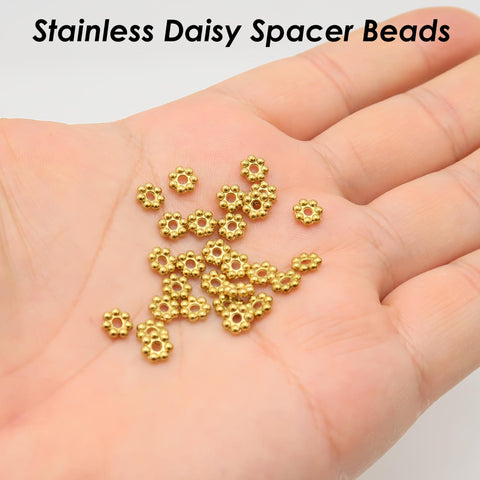 50 x Daisy Beads, Stainless Steel Spacer Beads Gold Silver, Daisy Spacer Beads, Heishi Beads Flower Beads for Jewelry Making