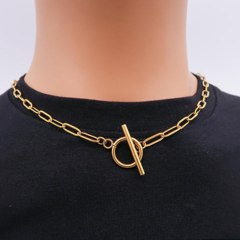 Paper Clip Necklace Stainless Steel, Rectangle Link PaperClip Necklace Gold Silver, Paperclip Chain Toggle Clasp Necklace for Women Men