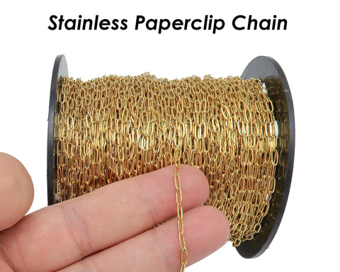 Stainless Steel Paper Clip Chain, PaperClip Chain Gold Silver, Bulk Stainless Steel Chain for Necklace Bracelet Jewelry Making