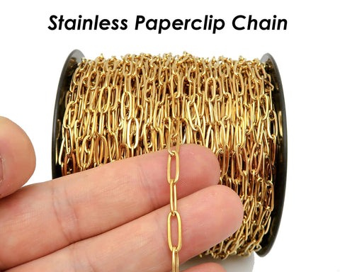 Stainless Steel Paper Clip Chain Gold Silver PaperClip Chain for Necklace Bracelet, Bulk Stainless Steel Chain for Jewelry Making