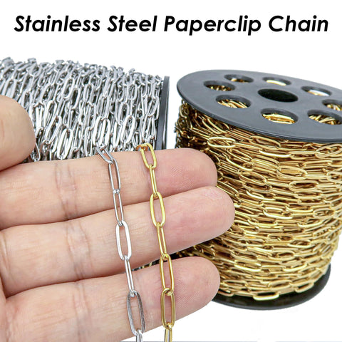 Paper Clip Chain Bulk Wholesale Paperclip Chain Gold Silver for Necklace Bracelet, Stainless Steel Chain for Jewlery Making