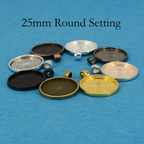 25mm Round Pendant Tray Pendant Blanks, 1 inch Round Bezel Cup, Cabochon Setting - Silver Bronze Copper Gold Gunmetal Black