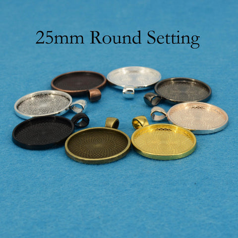 25mm Round Pendant Tray Pendant Blanks, 1 inch Round Bezel Cup, Cabochon Setting - Silver  Bronze Copper Gold Gunmetal Black