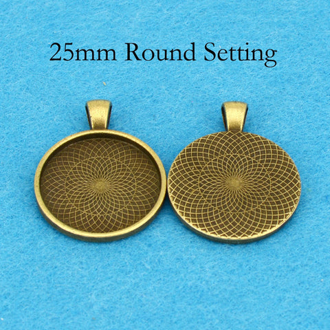 25mm Round Pendant Tray Pendant Blanks, 1 inch Round Bezel Cup, Cabochon Setting - Silver Bronze Copper Gold Gunmetal Black