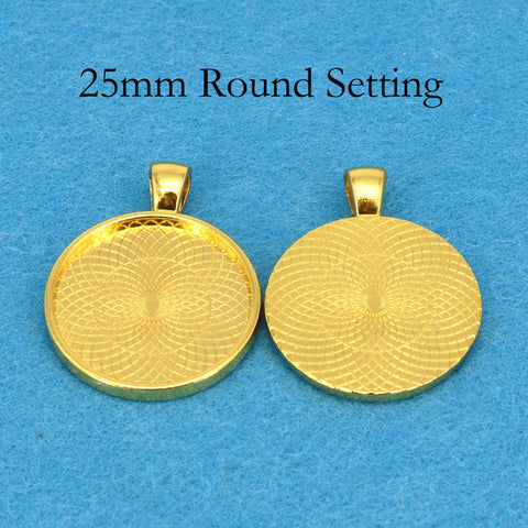 25mm Round Pendant Tray Pendant Blanks, 1 inch Round Bezel Cup, Cabochon Setting - Silver Bronze Copper Gold Gunmetal Black