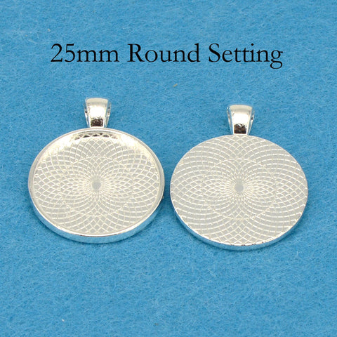 25mm Round Pendant Tray Pendant Blanks, 1 inch Round Bezel Cup, Cabochon Setting - Silver Bronze Copper Gold Gunmetal Black