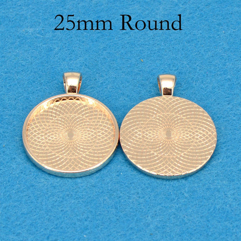 25mm Round Pendant Tray Pendant Blanks, 1 inch Round Bezel Cup, Cabochon Setting - Silver Bronze Copper Gold Gunmetal Black