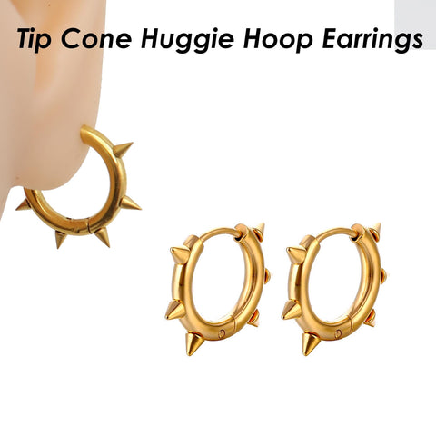 Tip Cone Huggie Hoop Earrings Gold Silver Black, Hypoallergenic Stainless Steel Huggie Earring Hoops for Men or Women, Minimalist Jewelry