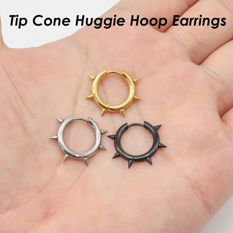 Tip Cone Huggie Hoop Earrings Gold Silver Black, Hypoallergenic Stainless Steel Huggie Earring Hoops for Men or Women, Minimalist Jewelry