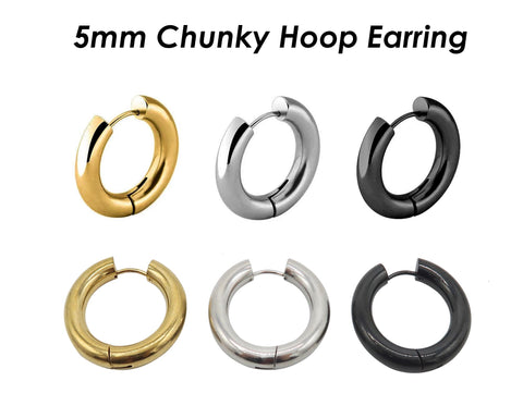 5mm Chunky Hoop Earrings, Thick Version Solid Stainless Steel Huggie Earring Hoops Gold Silver Black for Women or Men