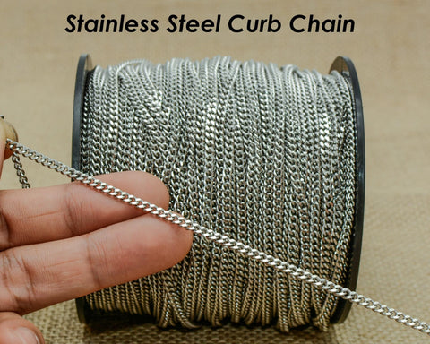 30 Feet x Curb Chain Stainless Steel Chain Bulk, Curb Link Chain by the Length Spool Yard, Bulk Stainless Steel Chain for Jewelry making