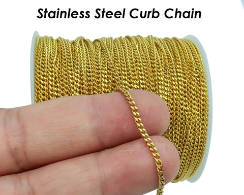 30 Feet x Stainless Steel Curb Chain Gold Silver Black Curb Chain Bulk by Inch, Length Spool, Stainless Steel Chain for Jewelry making