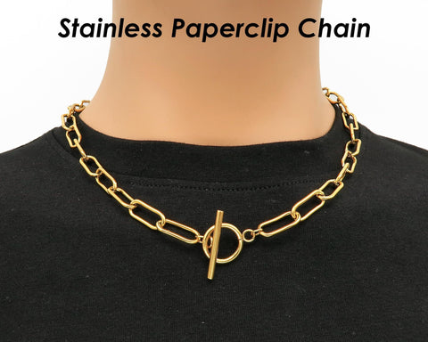 Paper Clip Necklace for Men Women, Stainless Steel PaperClip Necklace Gold & Silver, Paperclip Chain Toggle Clasp Necklace