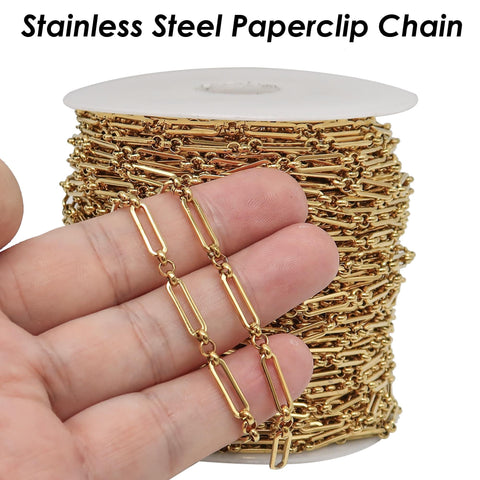 10 Feet x Paper Clip Chain Gold Silver, Stainless Steel Chain Bulk PaperClip Chain, Rectangle Link Chain for Jewelry Making