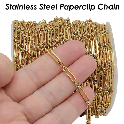 10 Feet x Paper Clip Chain Gold Silver, Stainless Steel Chain Bulk PaperClip Chain, Rectangle Link Chain for Jewelry Making