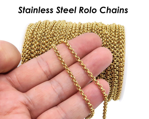 Stainless Steel Rolo Chain Gold Silver, Circle Link Chain by Yard Meter Length Spool, Stainless Steel Chain Bulk for Jewelry Making