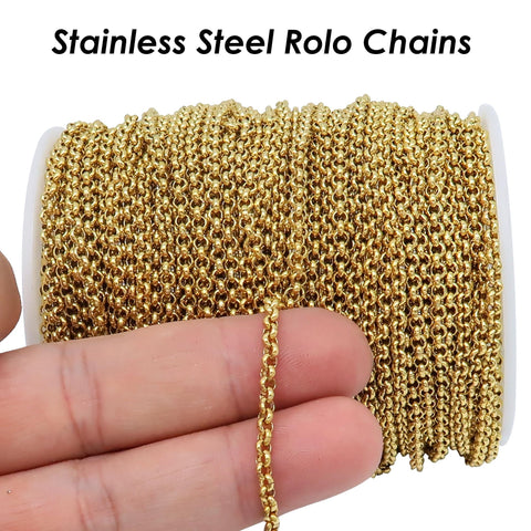 Stainless Steel Rolo Chain Gold Silver, Circle Link Chain by Yard Meter Length Spool, Stainless Steel Chain Bulk for Jewelry Making