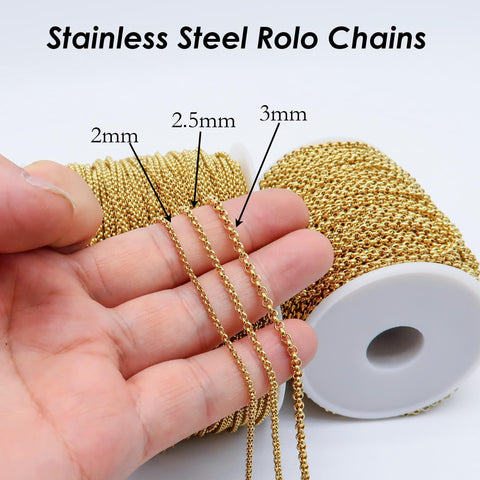 Stainless Steel Rolo Chain Gold Silver, Circle Link Chain by Yard Meter Length Spool, Stainless Steel Chain Bulk for Jewelry Making