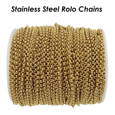 Stainless Steel Rolo Chain Gold Silver, Circle Link Chain by Yard Meter Length Spool, Stainless Steel Chain Bulk for Jewelry Making