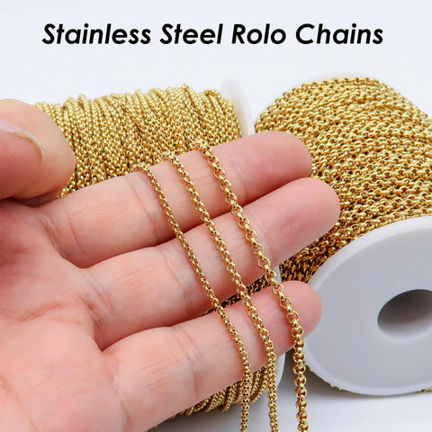 Stainless Steel Rolo Chain Gold Silver, Circle Link Chain by Yard Meter Length Spool, Stainless Steel Chain Bulk for Jewelry Making