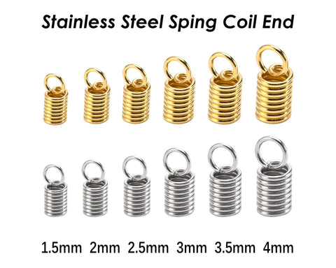 50 x Spring Coil Ends Stainless Steel, Cord Ends Gold Silver, Cord End Tip, Leather End Caps, Spring End, Jewelry Findings Supplies