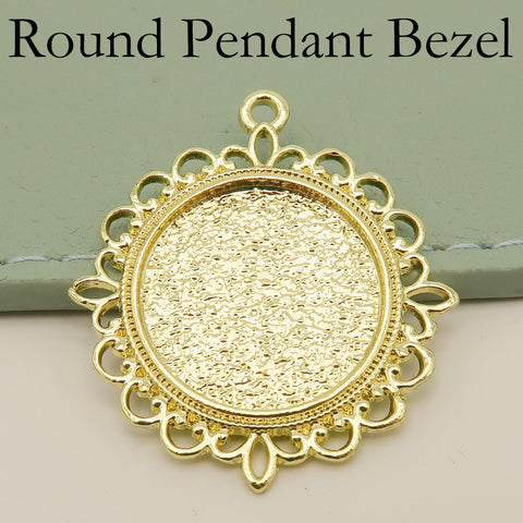 Round Pendant Trays 20mm 25mm, Flower Pendant Bezel Blank, Cabochon Base, Silver Bronze Copper Gold Pendant Setting for Jewelry Making