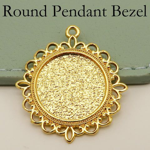 Round Pendant Trays 20mm 25mm, Flower Pendant Bezel Blank, Cabochon Base, Silver Bronze Copper Gold Pendant Setting for Jewelry Making