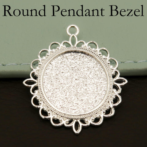 Round Pendant Trays 20mm 25mm, Flower Pendant Bezel Blank, Cabochon Base, Silver Bronze Copper Gold Pendant Setting for Jewelry Making