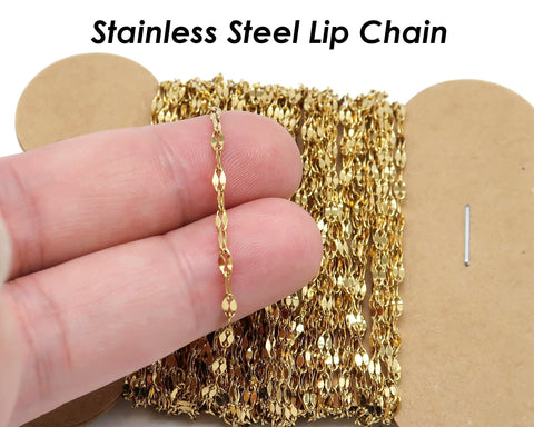 Lip Chain Stainless Steel Chain Gold Silver, Bulk Chain by the Feet Yard Length Spool, Bulk Stainless Steel Chain for Jewelry Making