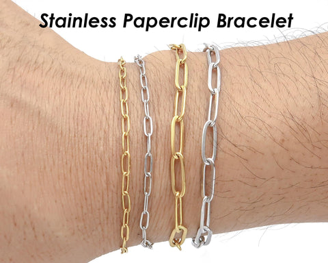 Stainless Steel Paperclip Bracelet Gold Silver, Stackable Paper Clip Link Chain Bracelet for Women or Men, Gift for Her Him