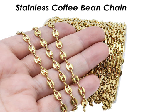 Coffee Bean Chain Gold Silver, Stainless Steel Chain for Men or Women, Tarnish Free Bulk Chain for Necklace or Bracelet Jewelry Making