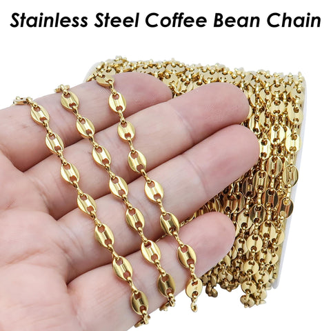 Coffee Bean Chain Gold Silver, Stainless Steel Chain for Men or Women, Tarnish Free Bulk Chain for Necklace or Bracelet Jewelry Making