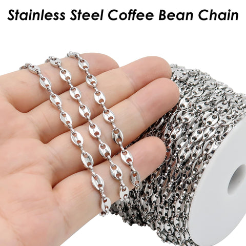 Coffee Bean Chain Gold Silver, Stainless Steel Chain for Men or Women, Tarnish Free Bulk Chain for Necklace or Bracelet Jewelry Making