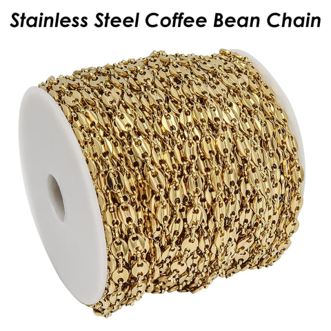 Coffee Bean Chain Gold Silver, Stainless Steel Chain for Men or Women, Tarnish Free Bulk Chain for Necklace or Bracelet Jewelry Making