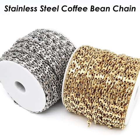 Coffee Bean Chain Gold Silver, Stainless Steel Chain for Men or Women, Tarnish Free Bulk Chain for Necklace or Bracelet Jewelry Making