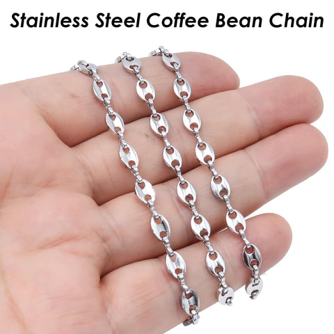 Coffee Bean Chain Gold Silver, Stainless Steel Chain for Men or Women, Tarnish Free Bulk Chain for Necklace or Bracelet Jewelry Making