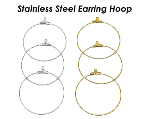 20 x Stainless Steel Earrings Ear Wire Hoops 20/25/30/35/40/45mm, Silver Gold Hoop Earring Findings Beading Hoops with Crimp Closures