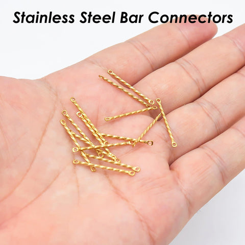 50 x Stainless Steel Bar Connectors, Twist Bar Links, Connecting Bars, Connector Bar Charms W/ Two Hole Links, Stick Charms