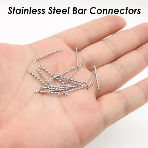 50 x Stainless Steel Bar Connectors, Twist Bar Links, Connecting Bars, Connector Bar Charms W/ Two Hole Links, Stick Charms