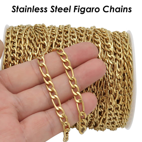 10 Feet x Figaro Chain Stainless Steel Figaro Link Chain Gold Silver, Bulk Stainless Steel Chain for Necklace Bracelet Jewelry Making